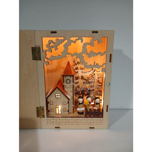 Enchanted Forest Merry Christmas Lighted Wooden Carolers and Church Plywood Book - Picture 1 of 5